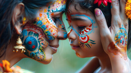 Mother and daughter paint their faces, touching noses affectionately, in a heartwarming moment of connection.