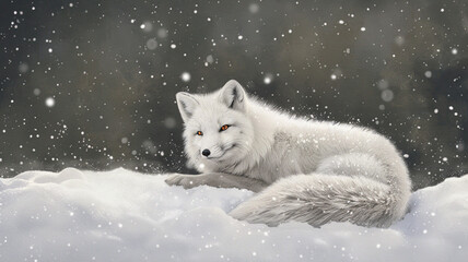 Pristine white arctic fox blending with the snow.