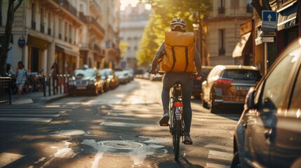 Courier bicycling in traffic on city street. Delivery man riding a bicycle through the city with delivery backpack. Generative ai