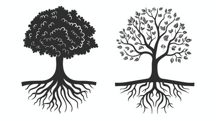 Black Tree and Roots. Vector Illustration. Flat Vector