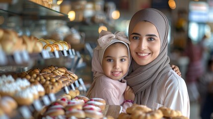 Muslim young woman and little girl in a hijab in their small pastry business. Woman standing proudly in front of their pastry on shelves filled with various sweets. Generative ai