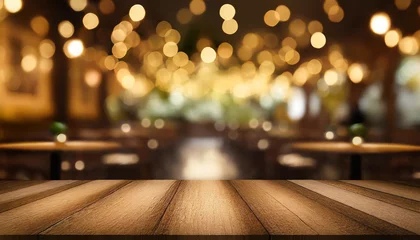 Gartenposter empty wood table top on blur light gold bokeh of cafe restaurant in dark background © netsay