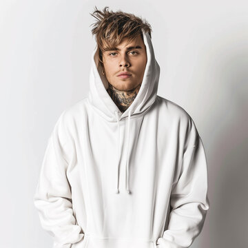 Handsome Boy in a trendy Fashion Pose in White Hoodie