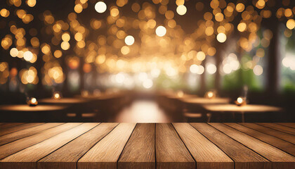 empty wood table top on blur light gold bokeh of cafe restaurant in dark background - obrazy, fototapety, plakaty