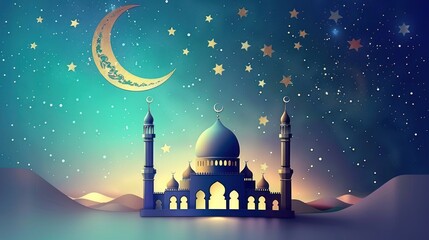 Stylized Eid Mubarak concept with mosque silhouette against a whimsical crescent moon and starry sky