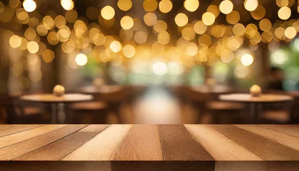 Foto auf Acrylglas Antireflex empty wood table top on blur light gold bokeh of cafe restaurant in dark background © netsay