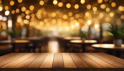 Badezimmer Foto Rückwand empty wood table top on blur light gold bokeh of cafe restaurant in dark background © netsay