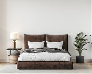 Modern bedroom interior with a brown bed and two lamps on a white wall background, 3D rendering mock up stock photo contest winner in the style of 2018, trending at Adobe Stock