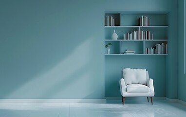 3d rendering of empty light blue wall with book shelf and white armchair in minimal living room interior design, 8k, hd