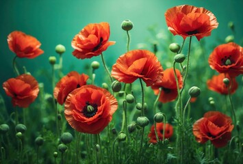 Fototapeta premium Blooming red poppies on a copyspace above green background