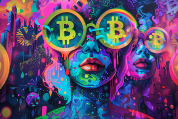 Fototapeta na wymiar A representation of bitcoin halving, featuring a vibrant and contrasting color scheme reminiscent of LSD art, with elements of graffiti and vaporwave aesthetics.