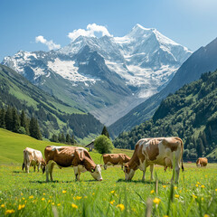 cows grazing at the green meadow with snowcapped mountains of the alps in   background