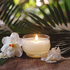 A candle and plumerai on a wooden table. Tranquil ambiance created by the flickering candlelight and delicate plants. - 777188161