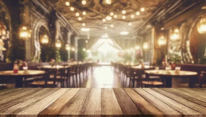 Foto auf Acrylglas Antireflex empty wood table top on blur light gold bokeh of cafe restaurant in dark background © netsay