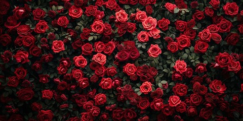 Red roses with dark green leaves wall background