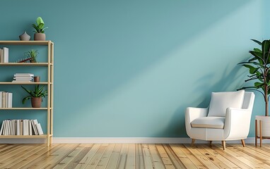 3d rendering of empty light blue wall with wooden floor and white armchair on the right side mock up interior design concept