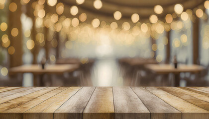 empty wood table top on blur light gold bokeh of cafe restaurant in dark background