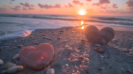 Heart shapes on a beach at Deerfield Beach Florida during the end of the day - obrazy, fototapety, plakaty
