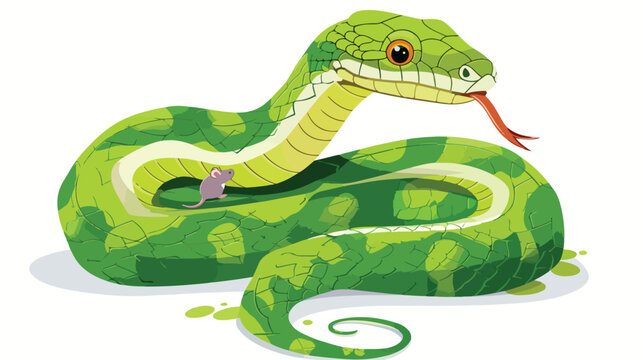 Cartoon green snake eating a mouse flat vector isolated