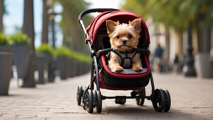 Small dog in a stroller. Walking with the dog. Yorkshire Terrier. Red stroller. Free space for text