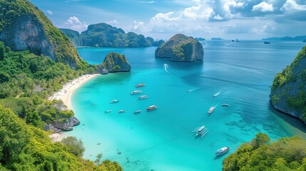 Boats at the beauty beach with limestone cliff and crystal clear water in Thailand