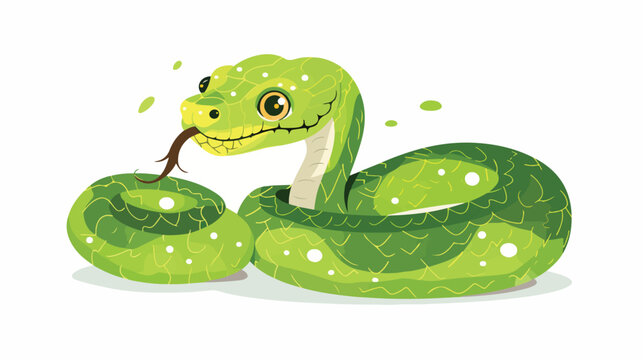 Cartoon green snake eating a mouse flat vector isolated