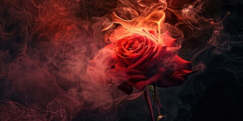 Red rose in smoke on a dark background romance 