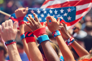 Hands of various people, adorned with wristbands in red, white, and blue