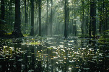Fototapeta na wymiar minimalistic forest with ray of sun and reflections in the water, flowers in the water 