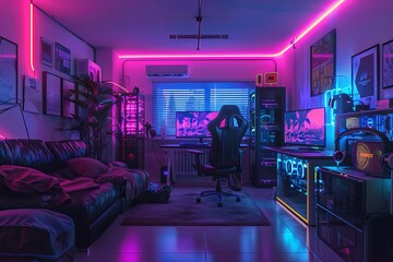 A professional room for gamers with a powerful ultra personal computer. The room is lit with neon lights. back view. generative ai