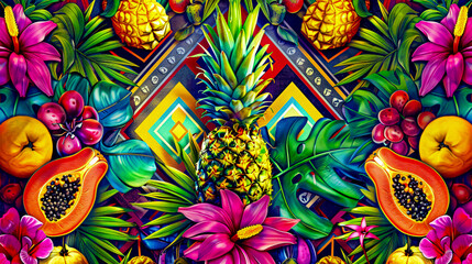 Exotic tropical fruit pattern, seamless pineapple design, summer nature illustration - obrazy, fototapety, plakaty