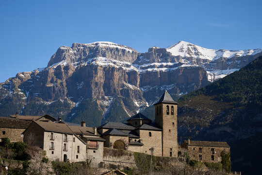 Scenic Ordesa Torla Village and Pyrenees Peaks in Spain