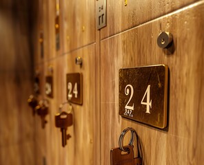 3d rendering of golden keys hanging on the lockers with numbers "24" and "7"