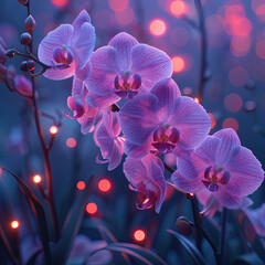 purple orchids with red lights in the background