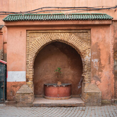 Morrocan wall fountain, disused, in the Medina of Marrakesh, with a plant growing where the water use to flow