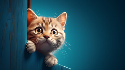 Frightened cat looking out from behind corner on blue background with copy space
