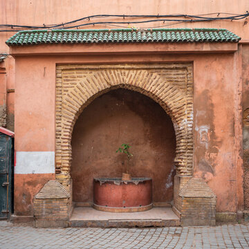 Morrocan wall fountain, disused, in the Medina of Marrakesh, with a plant growing where the water use to flow