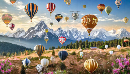 A hot air balloon festival with vibrant balloons taking flight on Australia Day. Concept of aerial...