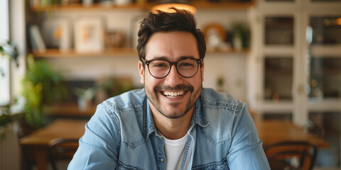 Groomed man with glasses smiles confidently in a cozy environment - obrazy, fototapety, plakaty