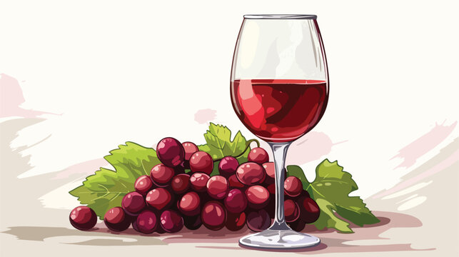 Hand drawn vector glass of red wine and grapes fruit 