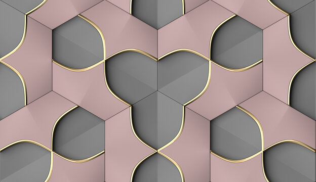 Elegant 3D Geometric Wallpaper Pattern in Pink and Gray