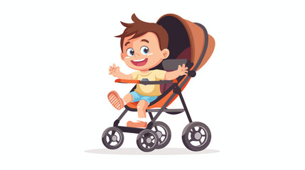 Cartoon happy baby boy in a stroller flat vector isolated