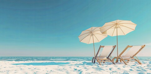 3d rendering of two beach chairs and umbrella on white sand at the bottom right side, clear blue sky background