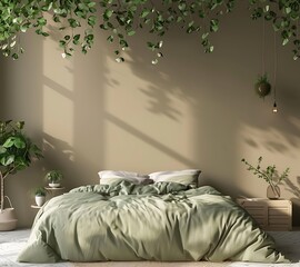 3d rendering of green bedroom interior mockup with bed, cabinet and plants on empty wall background