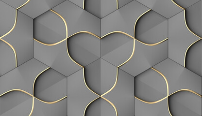 Geometric 3D Wallpaper Design with Gold Accents