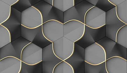 Luxurious 3D Geometric Wallpaper with Golden Accents