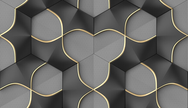 Luxurious 3D Geometric Wallpaper with Golden Accents