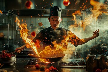 Chef masterfully wielding flames in a stir-fry performance, exhibiting the fervor of asian culinary arts