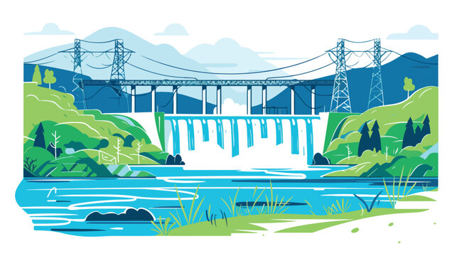 Hydroelectric green energy blue lines flat vector isolated