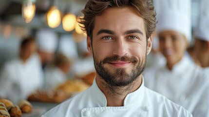 Portrait of a smiling male chef in a professional kitchen with a team of cooks in the background, suggesting teamwork and culinary expertise.